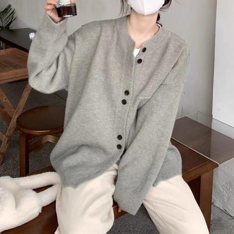 Gray loose lazy wind knitted cardigan women's spring and autumn soft waxy sweater jacket design top