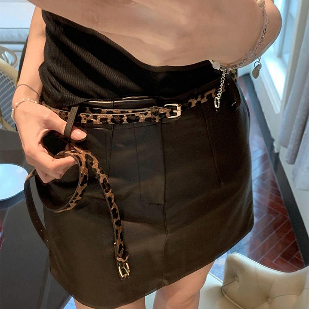 Slim Side Leopard Pattern Belt Metal Buckle Dress Decoration Fashion Thin Waist Belt Ladies/Girls