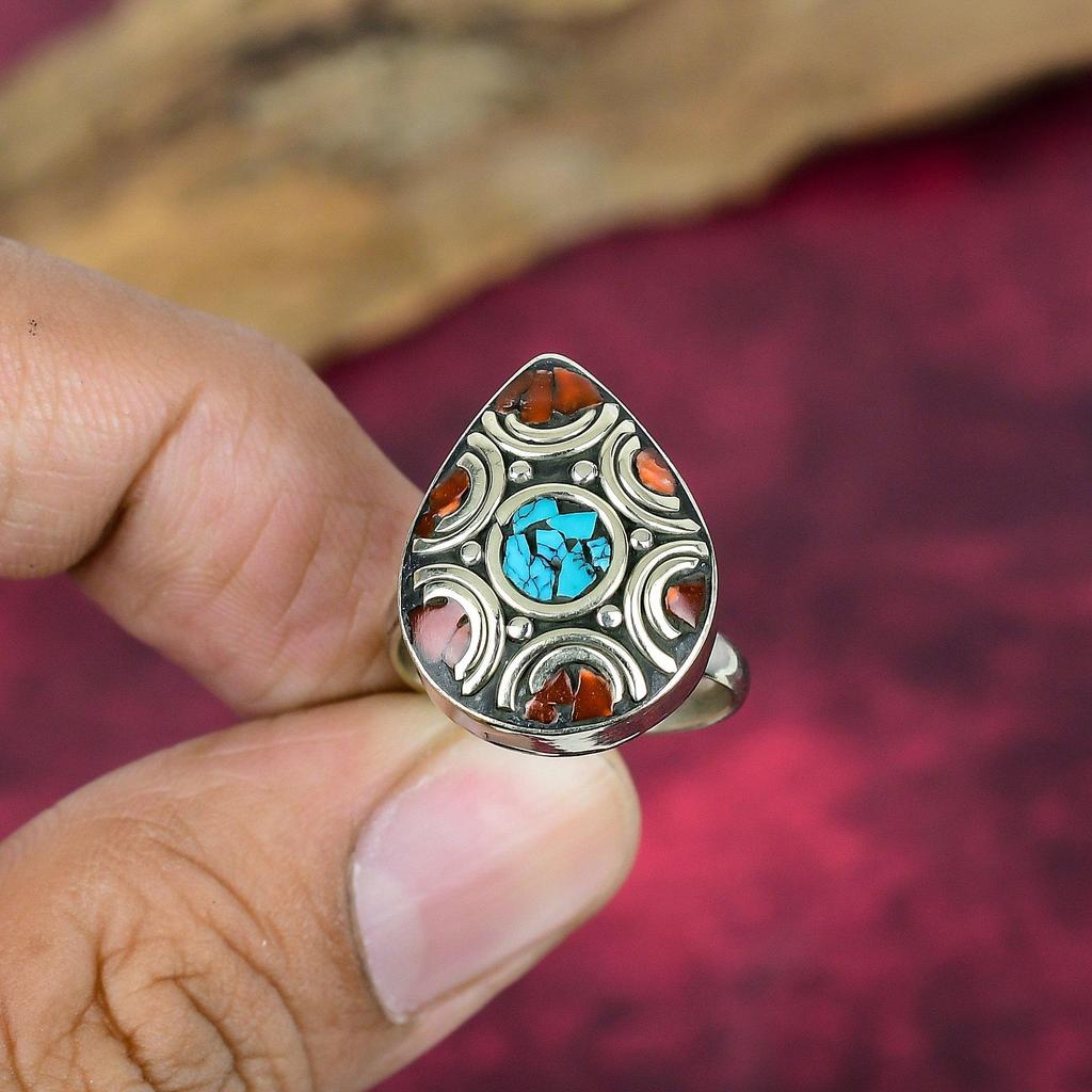 Blue Turquoise & Coral Solid Sterling Silver Nepali Ring, Handmade Gemstone Ring Jewelry, Gifts For Mother Brand New Adjustable Ring