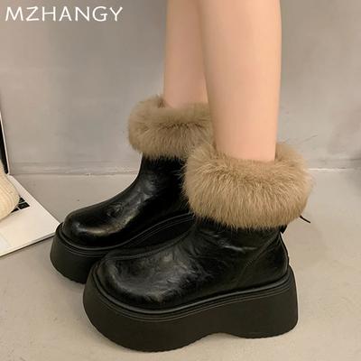 Fashion Women Fur Platform Ankle Boots Leather Flats Shoes Woman 2025 Trend Fashion Winter Warm Elegant Goth New Snow Boots Mujer Botas