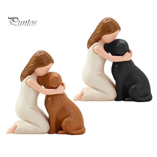 Figurina Ragazza che Abbraccia Cane in Resina Fatta a Mano, Scultura Compagno Animale Domestico Dipinta a Mano, Figurina Commemorativa Marrone Nero Ornamento da Scrivania, Ricordo