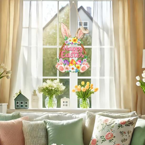 Wooden Easter Door Wreath for Bunny Eggs Porch Front Door Happy Easter Sign for Spring Window