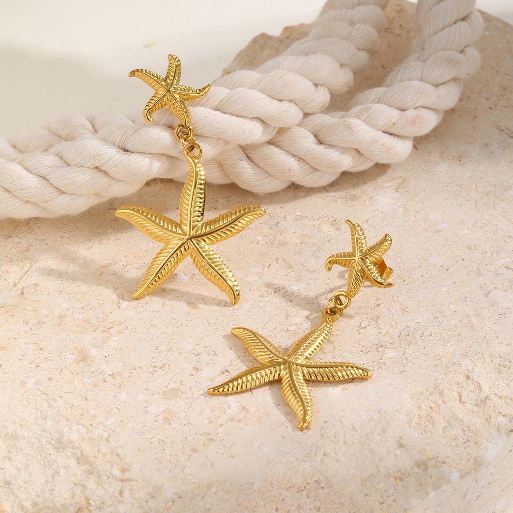 Starfish Drop Dangle Earring for Women, Gold Plated Stainless Steel Beach Sea Earrings, Waterproof Summer Ocean Jewelry