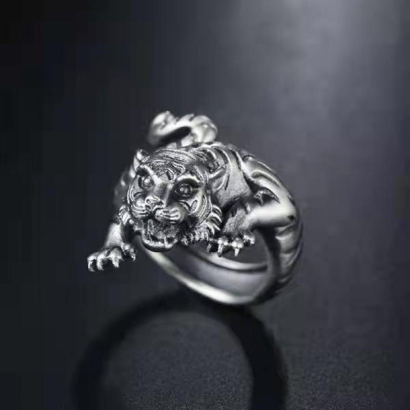 Adjustable Vintage Tiger Ring Men Women Copper Silver-Plated Open Band Zodiac Animal Jewelry