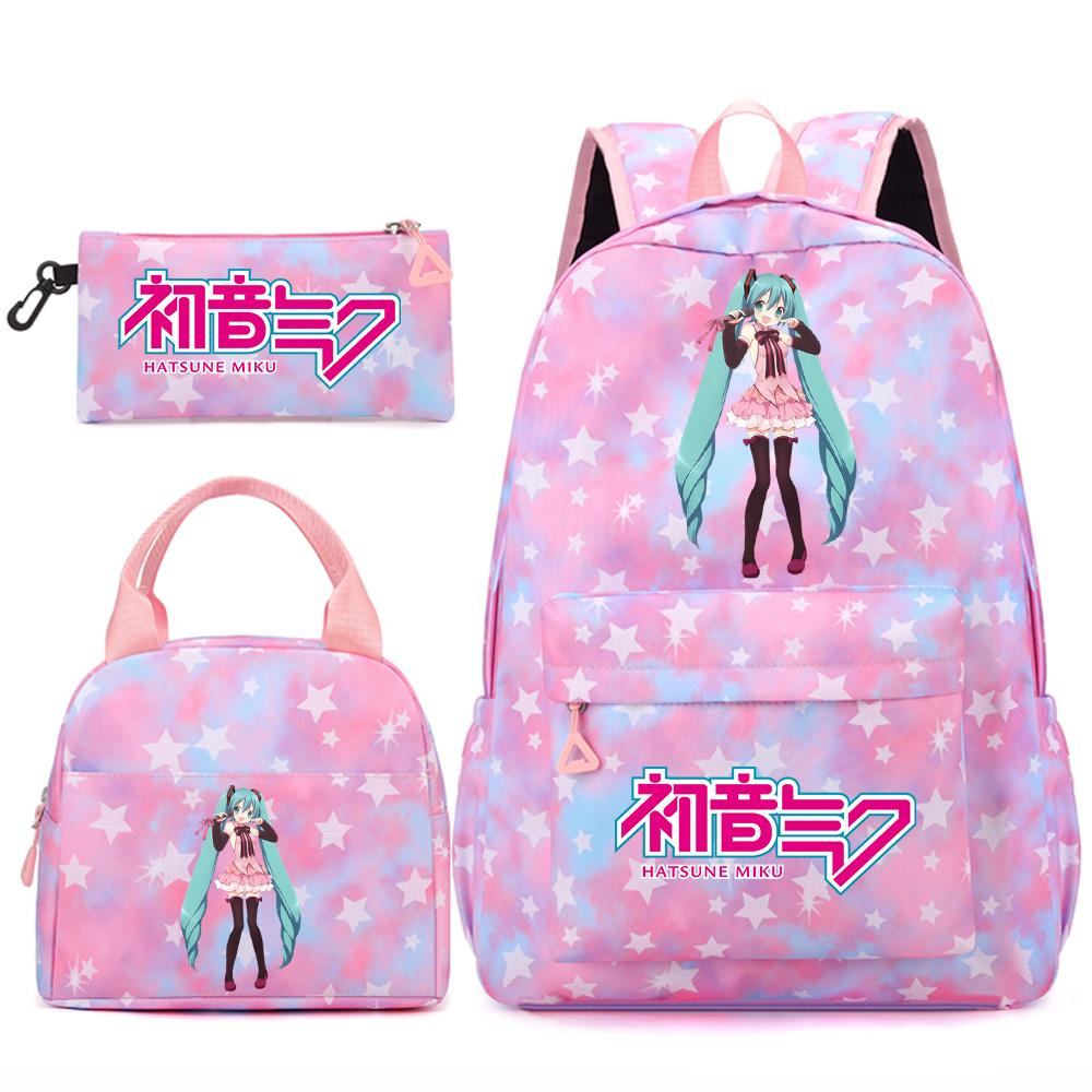 3 Stück/Set Anime Cartoon Hatsune Miku Bedruckter Rucksack Handtasche Federmäppchen für Teenager Schüler Mädchen Jungen Große Kapazität Wasserdicht Schultasche Reisetasche