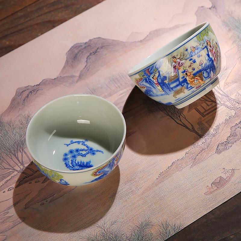 Meister Pfirsich Pflaume Nachtbankett Muster Keramik Verkostungstasse Kung Fu Teegeschirr Retro Blau und Weiß