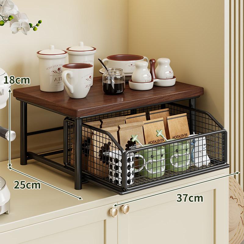 2 Tier Space Saving Kitchen Countertop Organizer with Drawer and Wire Basket with Sliding Storage Shelf