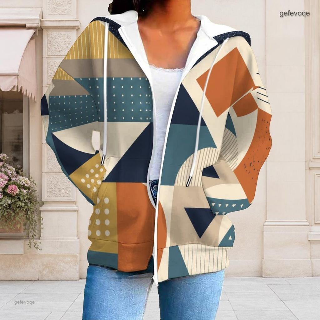 Women Plus Size Geometric Printed Zip Up Hoodie Long Sleeve Drawstring Hood With Pockets