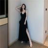 Solid color suspender skirt wind small black dress black v-neck split suspender skirt female summer sexy cold wind dress female