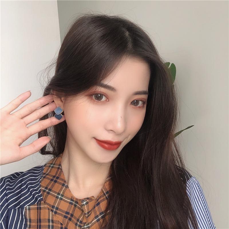 New Korean Fashion Enamel Double Square Drop Earrings Geometric Unique Blue Rhombus Hang Earrings For Women Trendy Jewelry Gifts