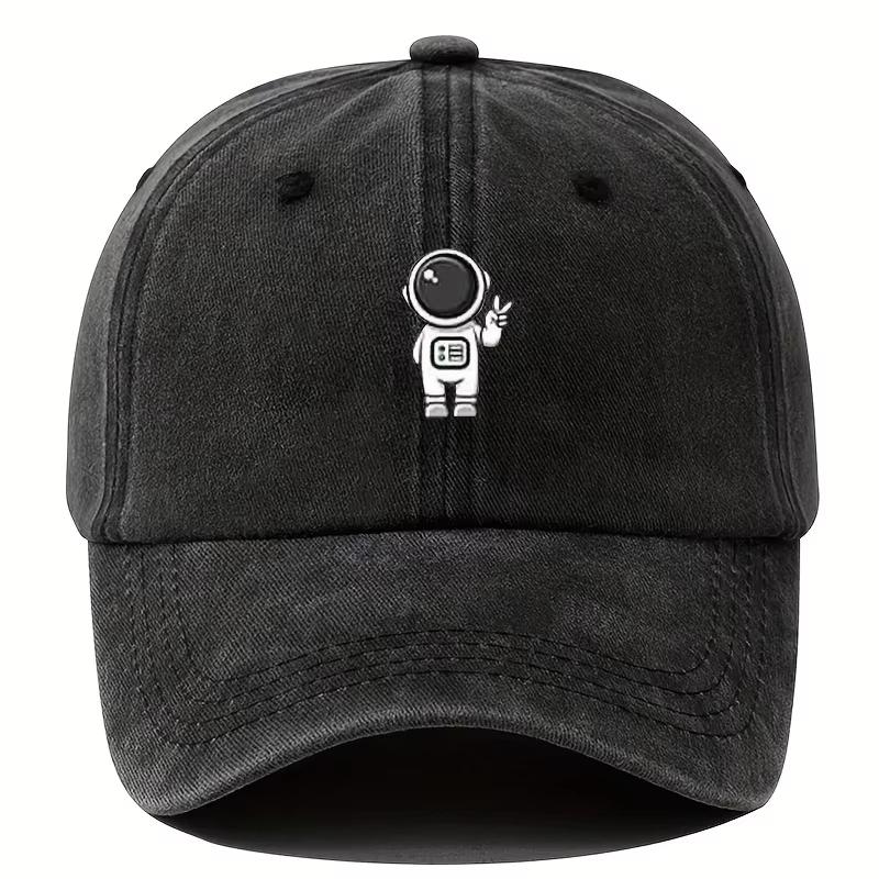 New Vintage Washed Black Baseball Cap Astronaut Print Adjustable Dad Hat Unisex Comfortable And Versatile