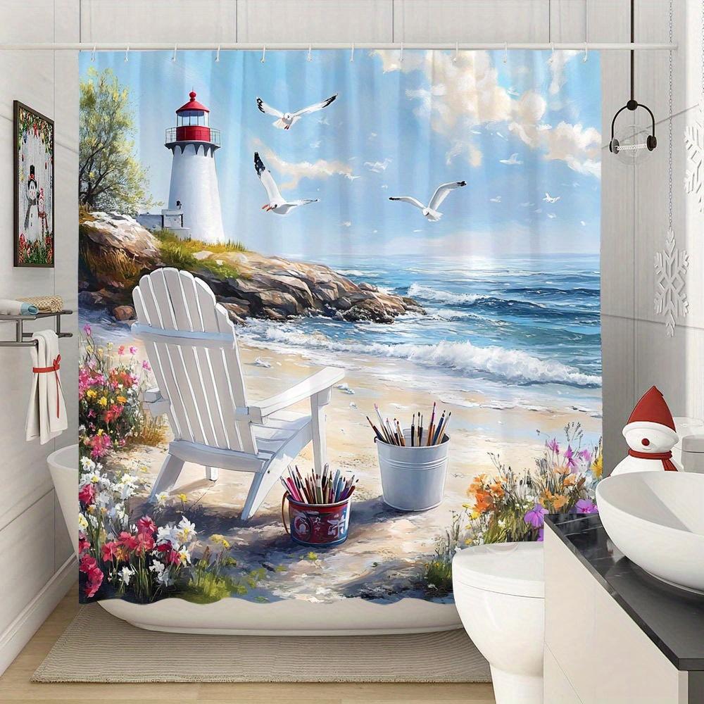 Serene Beach Scene Shower Curtain - Adirondack Chair, Lighthouse, Seagulls & Flowers, Polyester, 12 Hooks, Coastal Theme