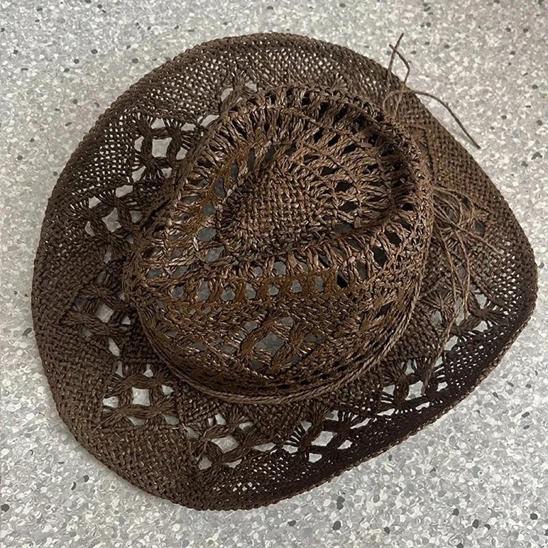 1Pc Summer Bohemian Shell Straw Hat Beach Women Men Cowboy Hats Wooden Beads Hollow Out Western Wide Brim Sun Hat Holiday Cap