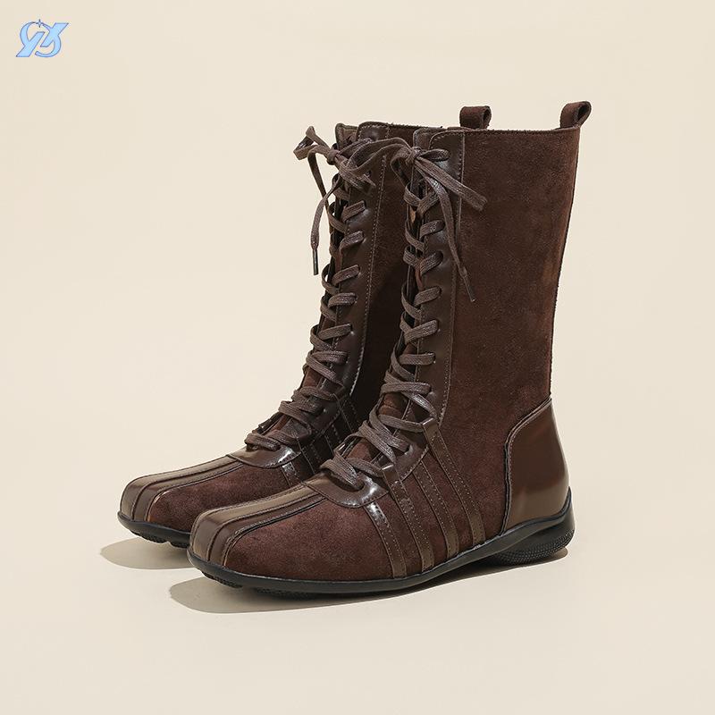 New Retro Knight Short Boots Women's Autumn and Winter Boots Lace-up Western Boots Niche Flat-bottomed Color Matching Short Boots