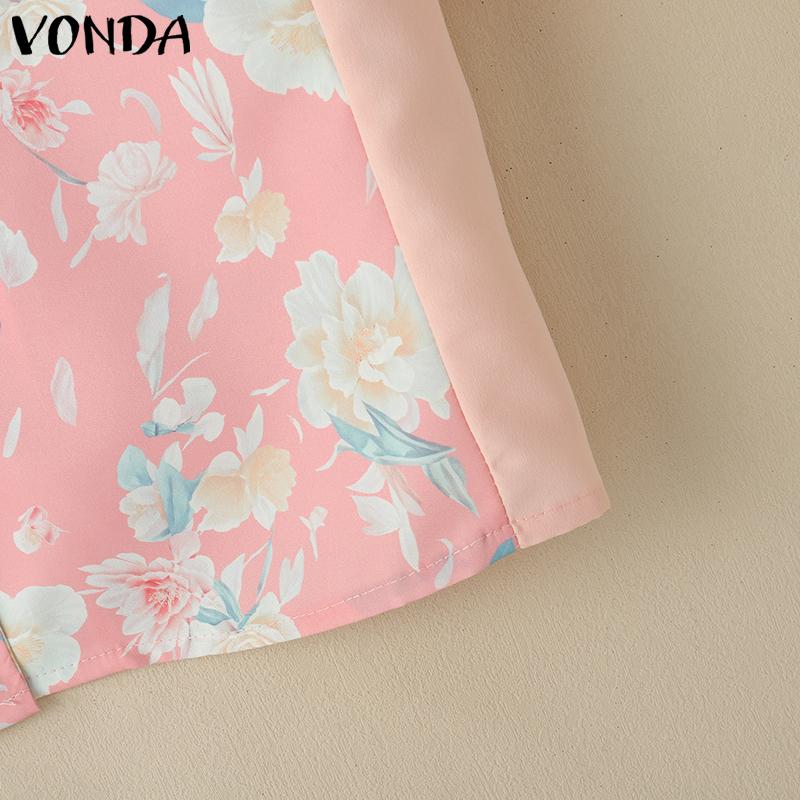 VONDA Summer Women Lapel Neck Floral Print Patchwork Button Down Casual Blouse