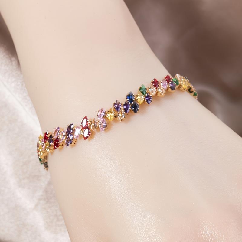 Marquise Multi-Color Cubic Zirconia Watch-Buckle Chain Bracelet for Women, Bohemian Style, Ideal for Daily & Party Wear, Perfect Gift