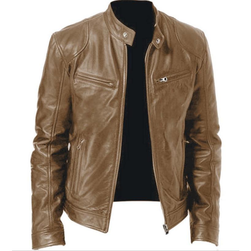 2024 Men's Stand-Up Collar Leather Jacket: Trendy Spring/Autumn Motorcycle Coat