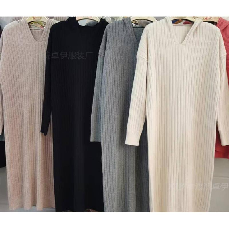 Hooded solid color pit strip straight V-neck sweater skirt autumn and winter casual style knitted dress women