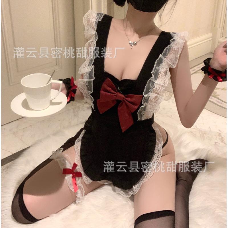 Sexy lingerie hot backless lace-up apron uniform maid outfit sexy bow little maid cosplay