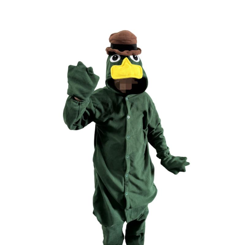 

Cartoon One-Piece Pajamas Fleece Dark Green Platypus Animal Halloween Couple Loungewear Home Sleeping XL