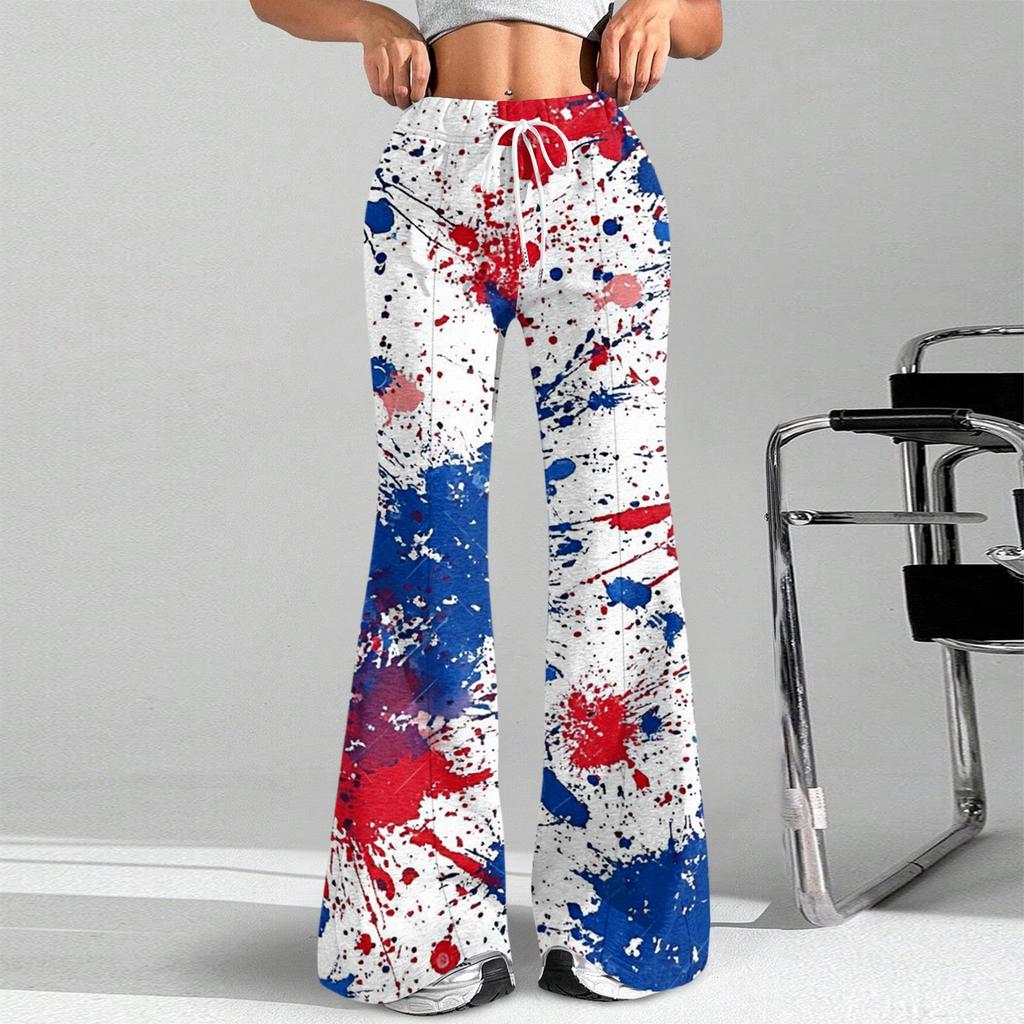 Women's Fashion Loose Drawstring Tight Waist Independence Day Printed Casual Sports Pants Casual Flared Pants