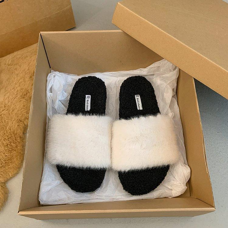 

Internet celebrity Maillard thick-soled fluffy slippers women 2025 new autumn and winter outer wear non-slip heightening one-word cotton slippers 35