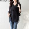 MODIQUE Sommer Übergröße Damen Baumwolle Leinen Chiffon Bluse Hemden Uni Sommer Mäntel Oversize V-Ausschnitt Halber Ärmel Knöpfe