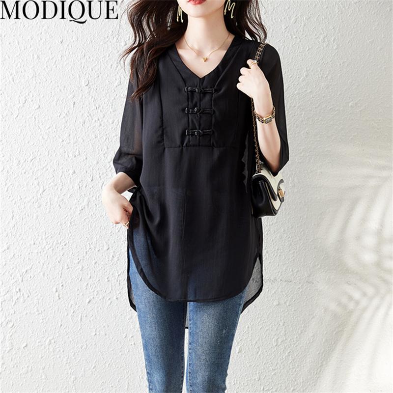 MODIQUE Letní Nadměrná Velikost Dámské Bavlněné Lněné Šifonové Halenky Košile Jednobarevné Letní Kabáty Oversize Výstřih do V Poloviční Rukáv Knoflíky