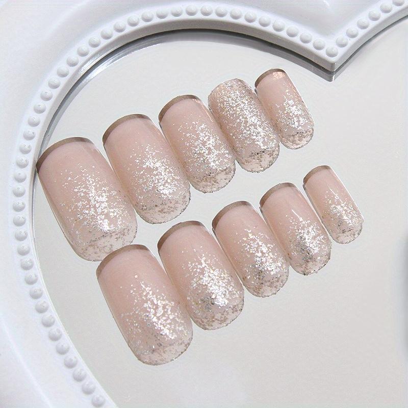 24 Pieces of French Style Short Square Press Nail Patch, Nude Color Short Fake Nails, Medium and Long Nail Glitter Wearing Nail