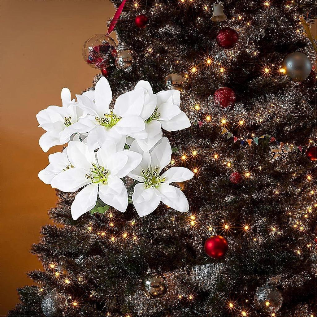 6Pcs Artificial Poinsettia Christmas Flower, Poinsettia Bouquet Golden Stamen