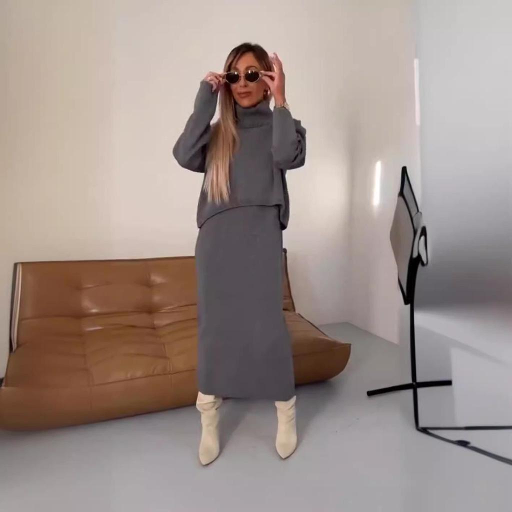 High Neck Long Knit Sweater Dress Two-Piece Set for Autumn/Winter