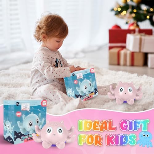 Jiosdo Glowing Octopus Bath Toys with Spray Light, Illuminated Baby Bath Toys, Water Spray Toy for Kids Gift for Boys and Girls (Pink)