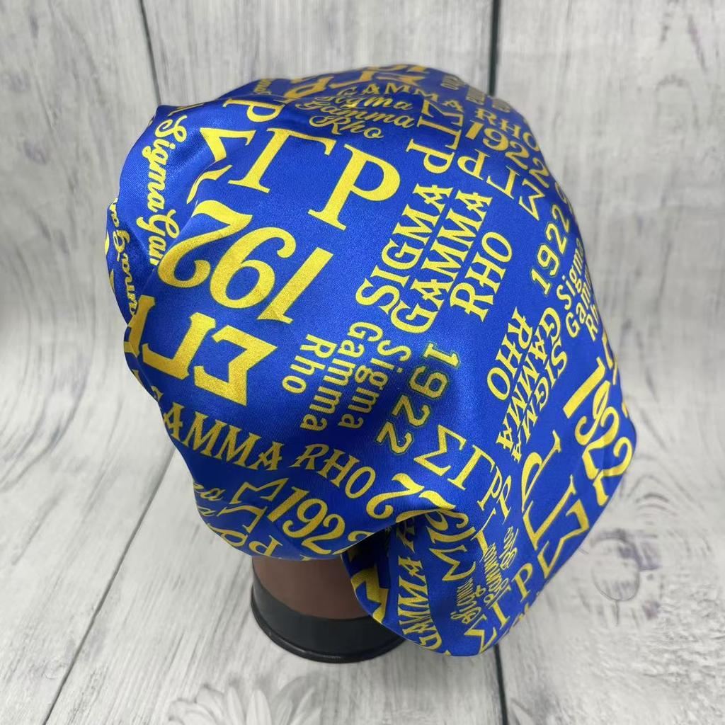 Sigma Gamma Rho Yellow Color Blue Greek Letter Campus Sorority Hair Stain Bonnets 1922 SGRho Letters Night Sleep Hat for Lady
