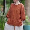 T-shirts Vintage pour Femmes Printemps Style Chinois Couleur Unie Col Rond Manches Longues Poches T-shirts