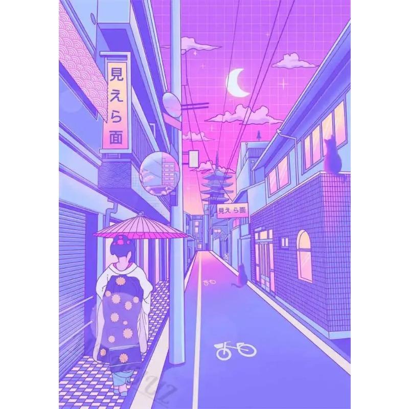 s Retro Japanese City Street Night Landscape Game Poster  Canvas Painting Print Art for Room Wall Decor Aesthetic Picture