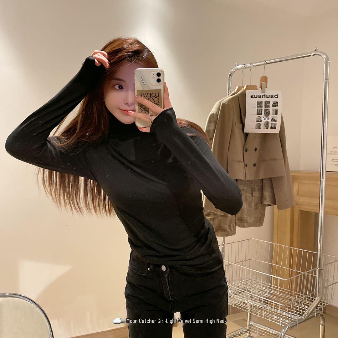 

Бархатная женская футболка Catch the Moon Girl с полувысоким воротом: Однотонный топ с длинным рукавом, утолщенный, нательное белье One Size