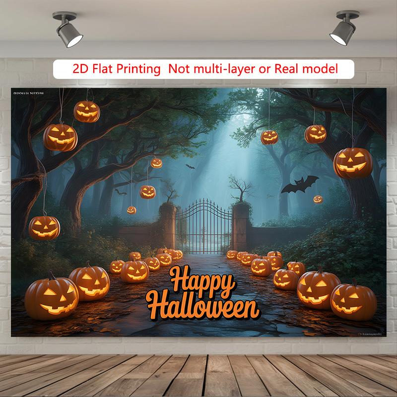 Party Backdrop Halloween Flat Spooky Forest Pumpkin Lanterns Silhouettes Mystical Atmosphere Photo Booth Background Party Decor