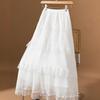 2025 Summer Women's Gentle Style Lace Trim Elastic Waist A-Line Midi Skirt