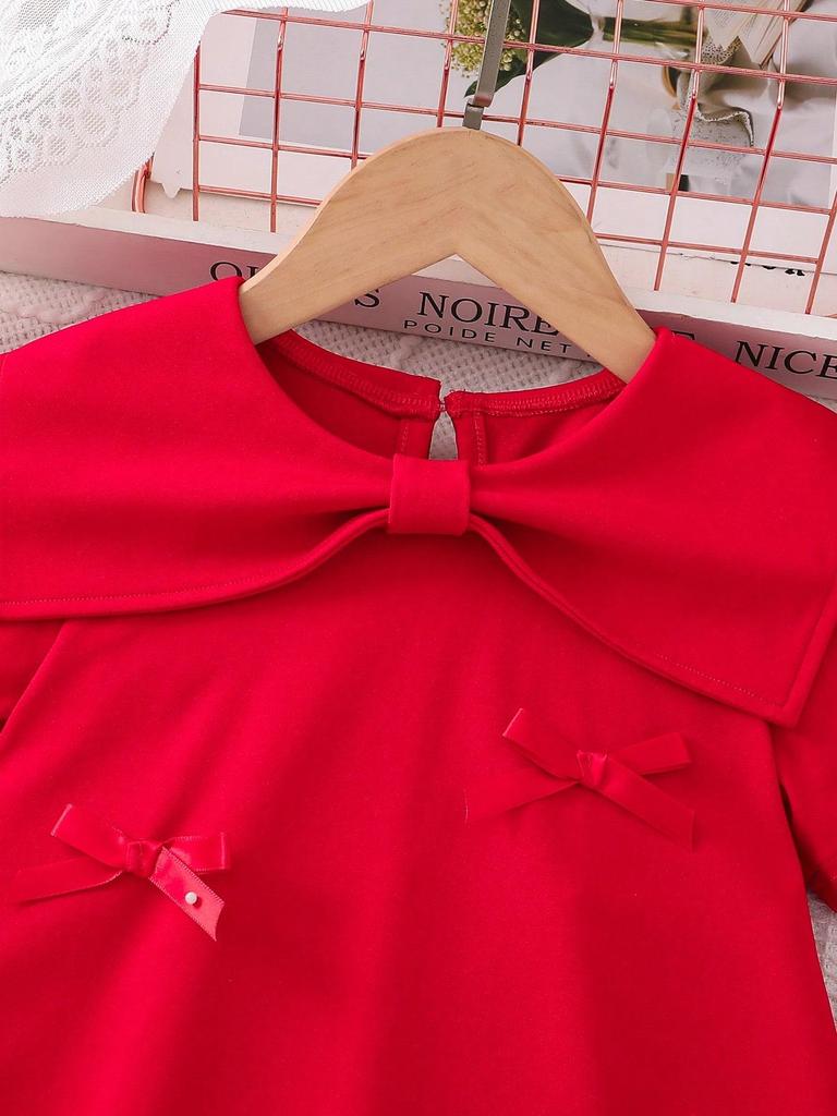 Young Girl's Casual, Stylish, and Cute Style: Short-Sleeved Red A-Line Dress with Large Bow Design and Peter Pan Collar for Spring/Summer