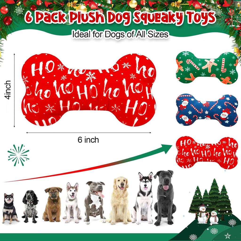 6 Pack Christmas Dog Squeaky Bone Toys Plush Interactive Dog Pets Birthday Bone Shape Stuffed Chew Toys for Puppy Small Medium Large Squeak Toss Play