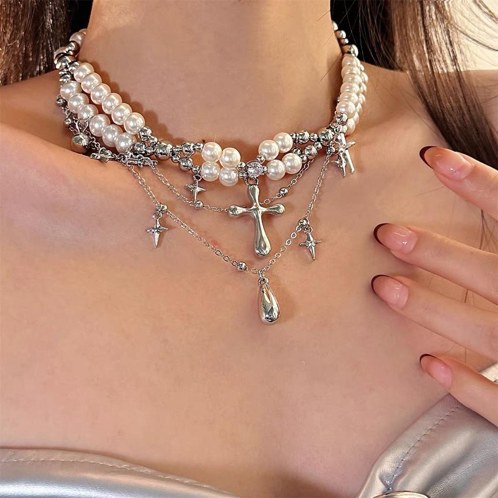 Gothic Multi-layer Stacked White Beaded Necklace Women's Accessories Niche Design Sense Premium Neck Chain Collarbone Chain Jewelry
