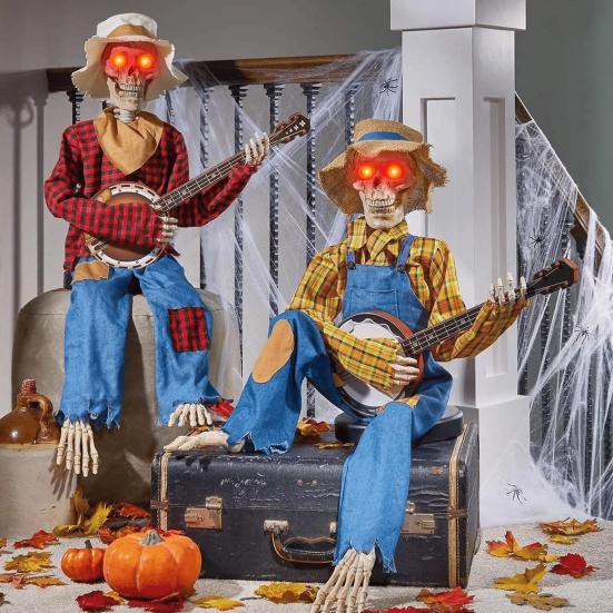 Halloween Skeleton Ornament Animated Country Skeleton Musician Band Banjo Player Statue Farmhouse Style Haunted House Decor
