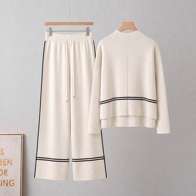 Women's Knitted Tracksuit Set Casual Mock Neck Long Sleeve Top Striped Wide Leg Pants Loungewear Outfit