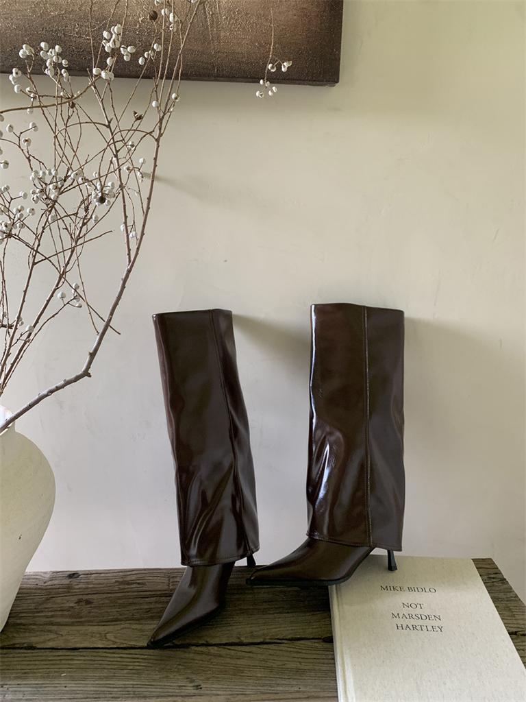 High-heeled Pointed Brown Maillard Trousers Medium Boots Women's Shoes 2025 New Spring and Autumn Winter Long Tube Knight Boots