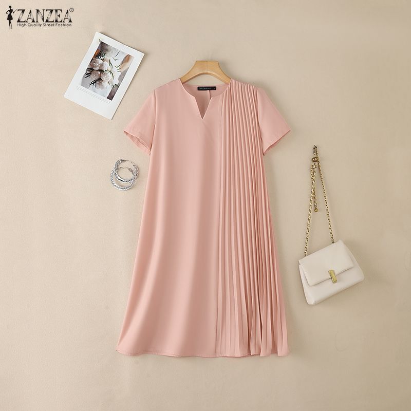ZANZEA Women Casual V-Neck Solid Color Loose Short Sleeve Dress