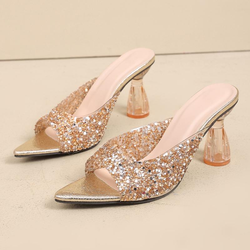 Slippers Women Summer Outside Wear Sequin Open Toe Pointed Toe Open Toe Slim Heel Flip Flops Fashion Sandals and Slippers