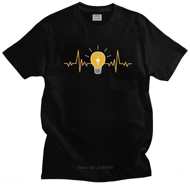 Electrician Heartbeat Light Bulb T Shirts Short Sleeved Electric Engineer Power T-shirt Printed Tee Cotton Slim Fit Tshirt Merch