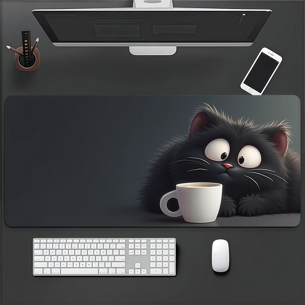 1pc Large Gaming Mouse Pad Cute Black Cat Coffee Design Non-Slip Rubber Base Washable Computer Desk Accessory for PC Game Office