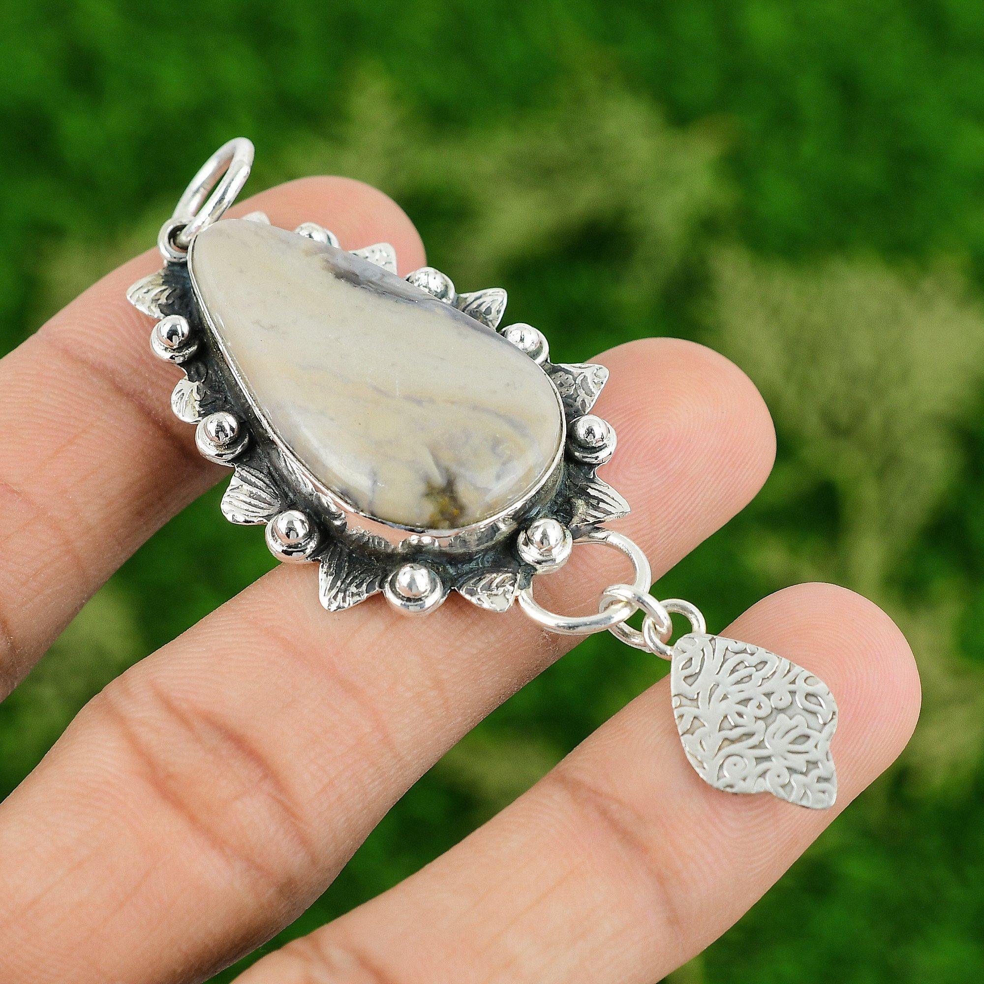 

Pear Natural Porcelain Jasper Boho Handmade Mother Bezel New Pendant 925 Silver