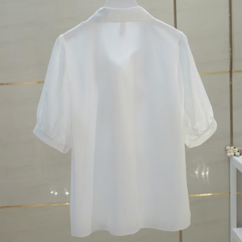 Women's White Chiffon Bow Tie Shirt - Summer Short-Sleeved Professional Top